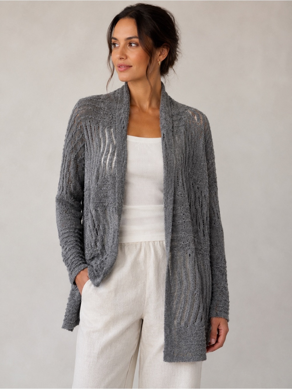 Eileen Fisher L 100% Baby Alpaca Gray Open Knit Long Cardigan Sweater